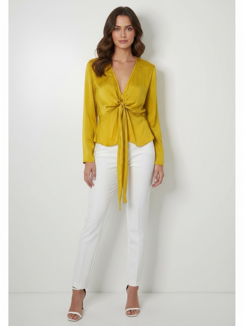 Fablux Fashion Tie-Front V-Neck SIlky Like Blouse in Mustard - Size L